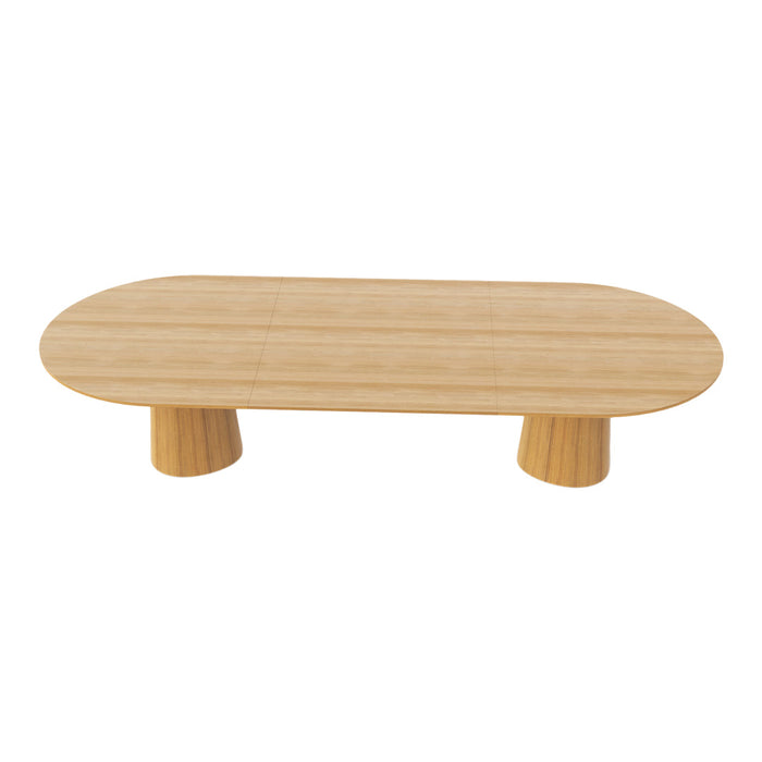 Light oak wood coffee table with a smooth, oval top and rounded cylindrical legs, showcasing a natural wood grain pattern.