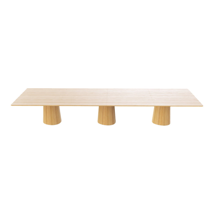 Light wood coffee table with a sleek, minimalist design and three round pedestal legs. Simple, natural color palette.