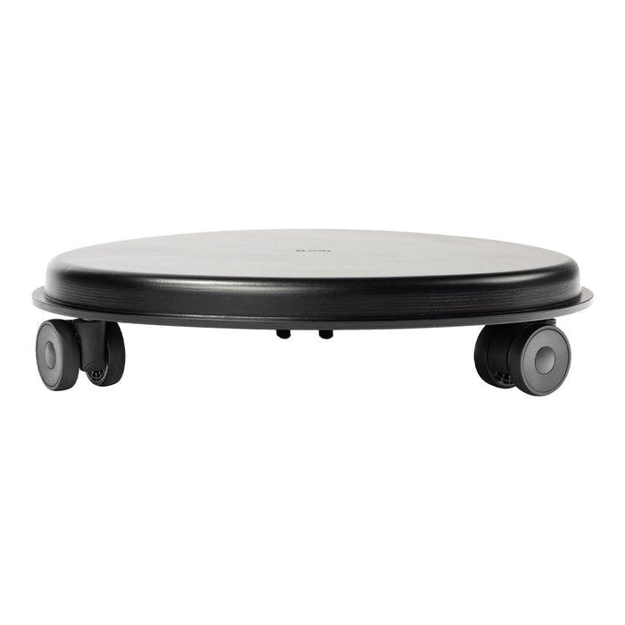 Black circular roller with smooth surface and sturdy wheels, perfect for versatile movement and stability.