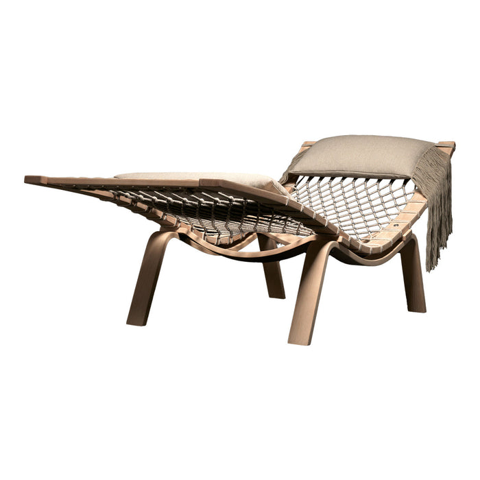 Natural wood frame lounge chair with beige woven fabric and soft gray padding. Elegant, minimalist design.