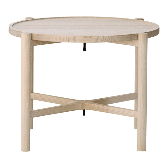 Light natural wood round table with a smooth finish and simple cross-leg design.