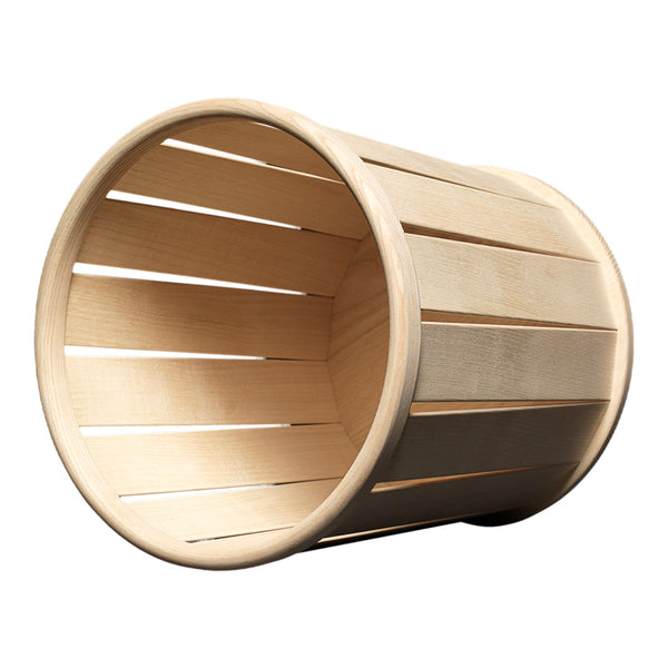 Natural wood basket with a smooth finish, featuring vertical slats for a simple, modern design.
