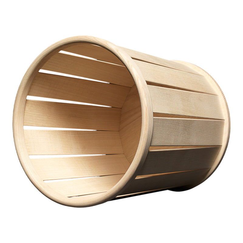 Natural wood basket with a smooth finish, featuring vertical slats for a simple, modern design.