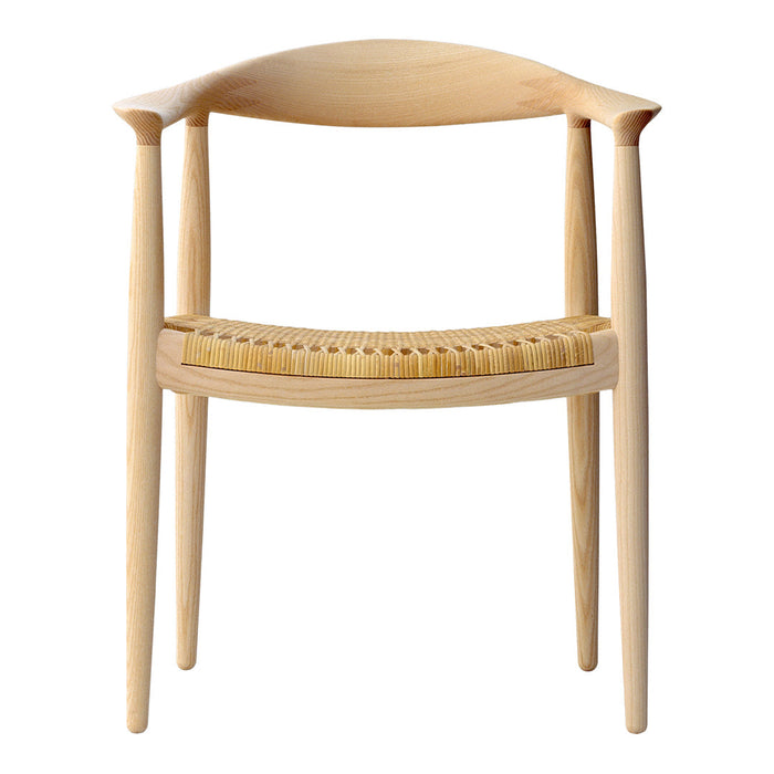 Natural wood chair in light beige, featuring a smooth finish and woven seat pattern for a minimalist design.