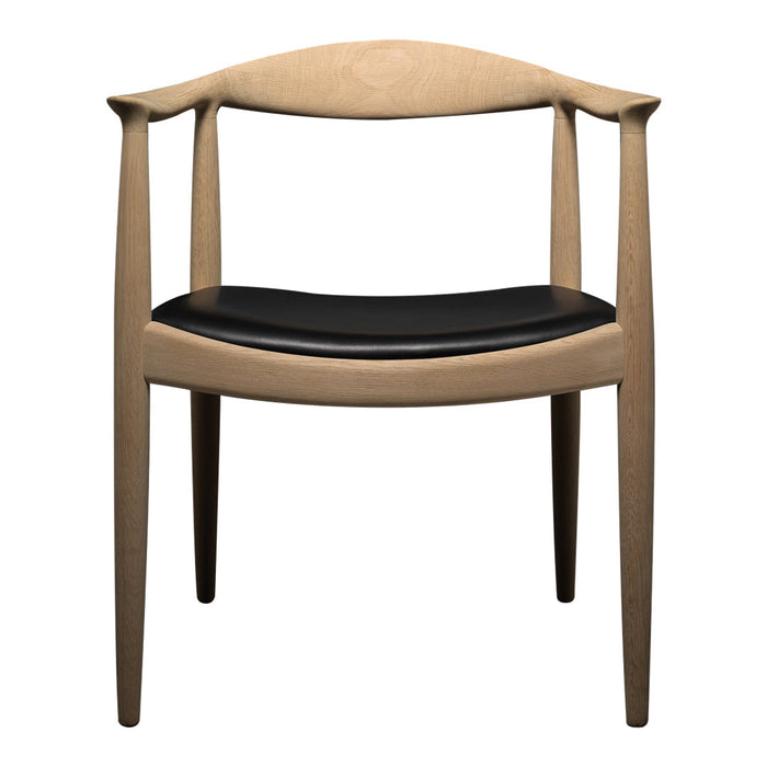 Natural wood chair with a light finish and sleek black leather seat, showcasing a modern minimalistic design.