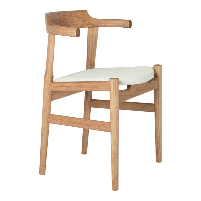 Light oak wooden chair with a soft cream cushion, featuring a minimalist design and natural finish.
