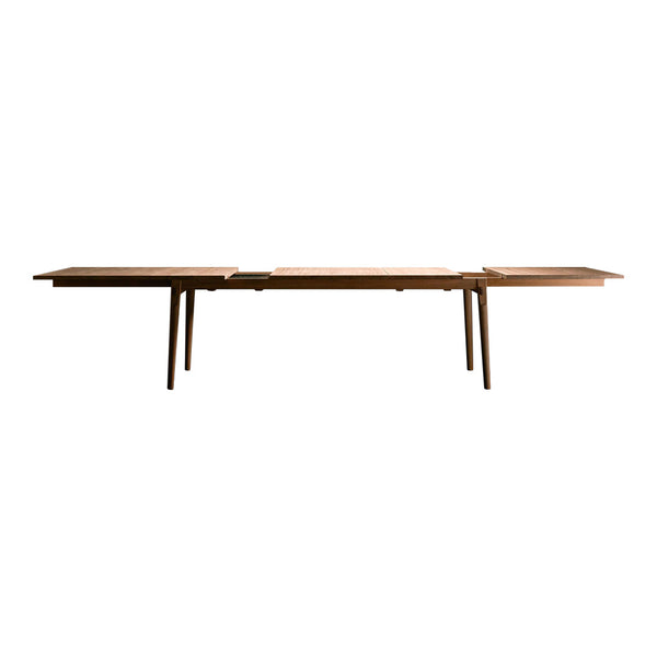 Mid-century modern wooden dining table featuring a rich brown finish and sleek, minimalist design with clean lines.