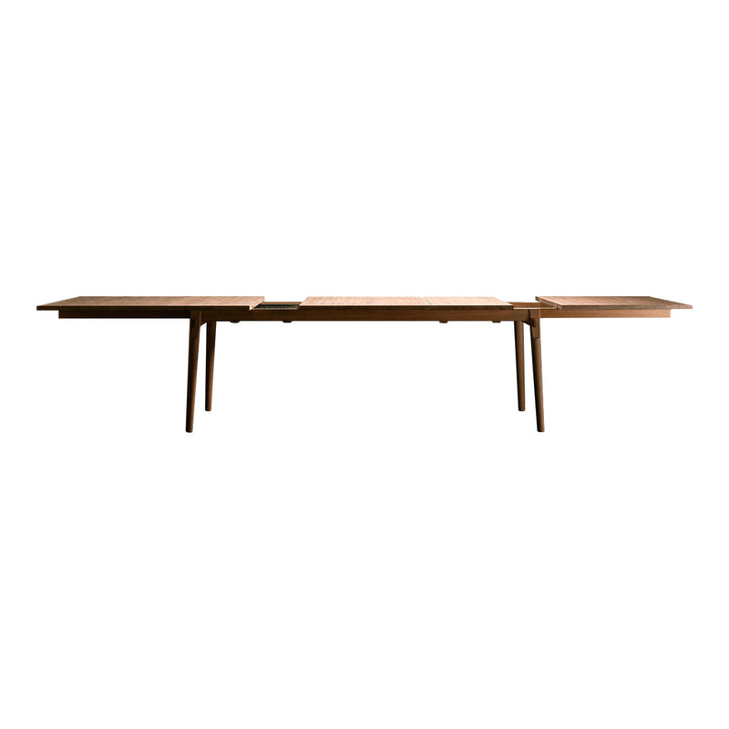 Mid-century modern wooden dining table featuring a rich brown finish and sleek, minimalist design with clean lines.