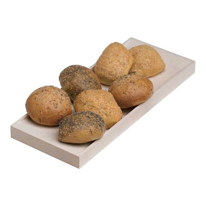 Assorted rolls in golden brown, topped with sesame and poppy seeds, displayed on a white rectangular platter.