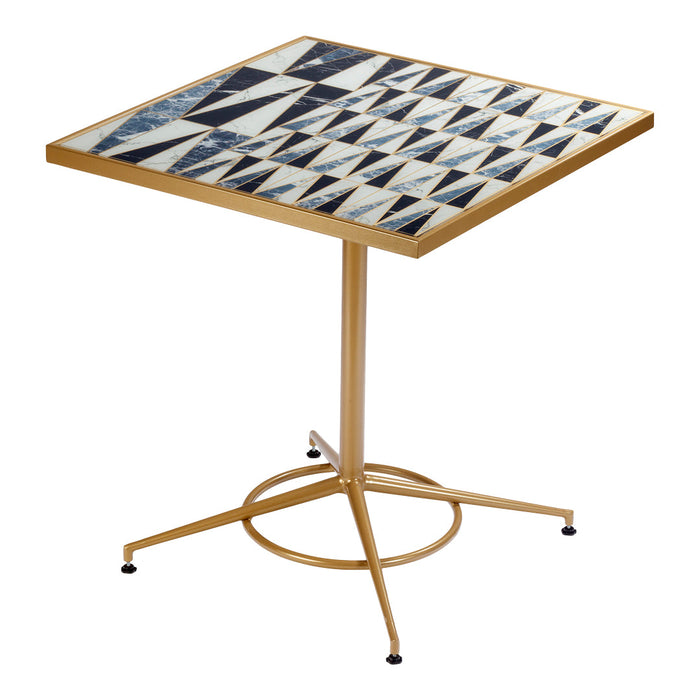 Square table featuring a geometric blue and white pattern with a gold metal base. Modern design accent piece.