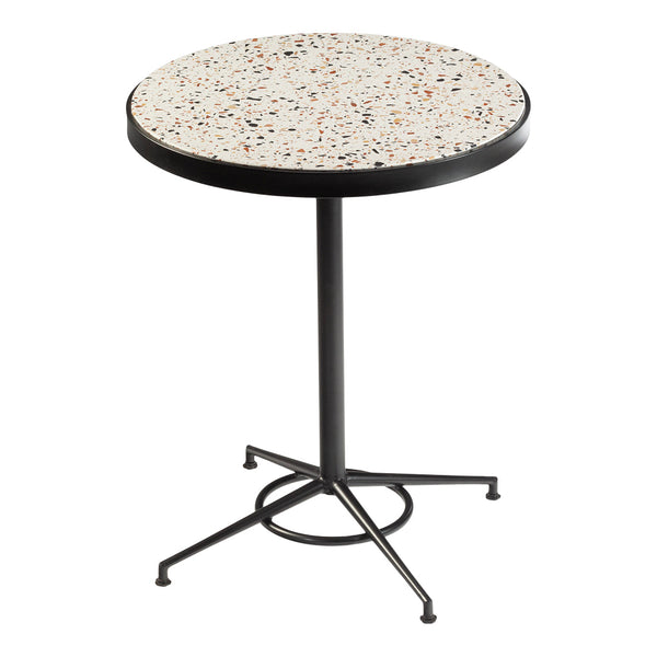 Round side table with a speckled white and beige terrazzo top and a sleek black metal base, stylish and modern design.