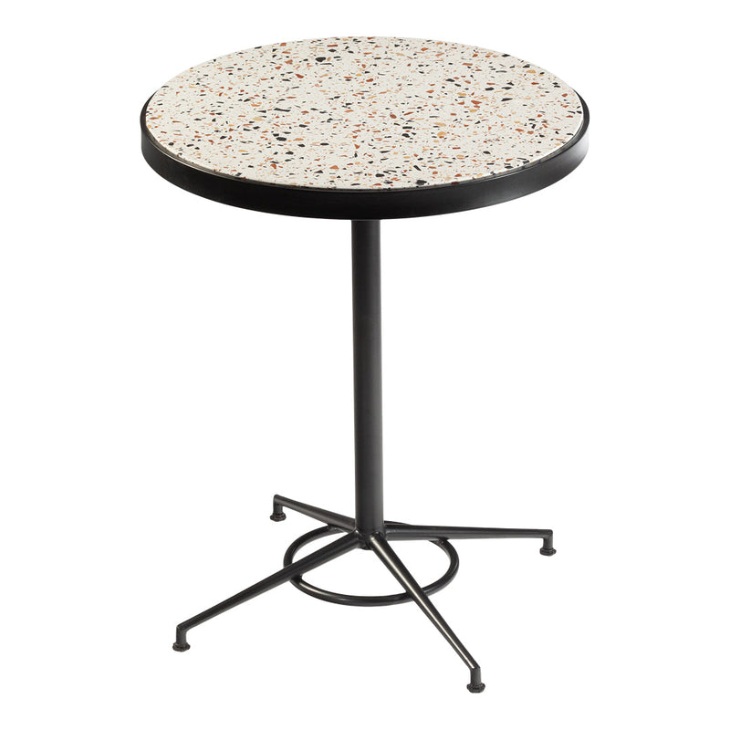 Round side table with a speckled white and beige terrazzo top and a sleek black metal base, stylish and modern design.
