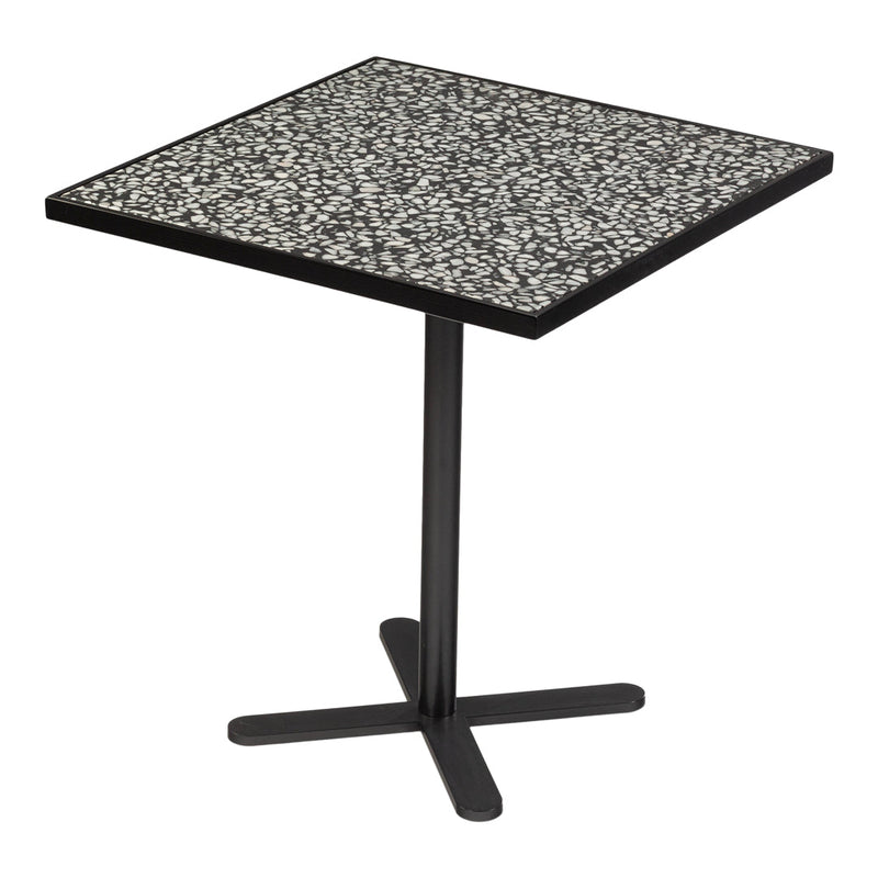 Square table with a speckled black and white patterned top and a minimalist black metal base.