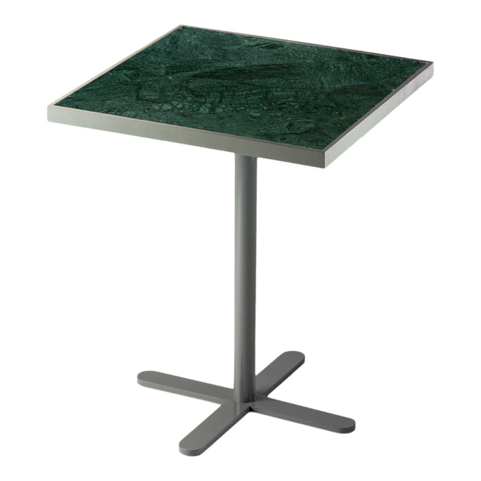 Square table with a textured dark green surface and a sleek gray metal base. Modern and stylish design.