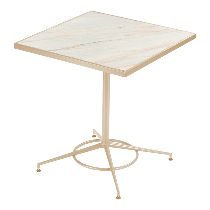 Square table with a marble-patterned top in soft white and beige, featuring a sleek cream-colored base.