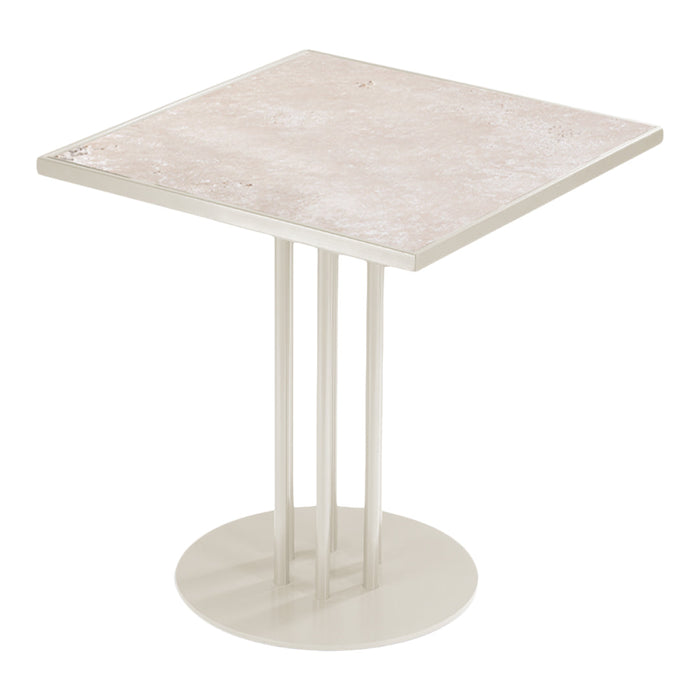 Square table with a sleek light beige top and modern white base, perfect for minimalistic decor.