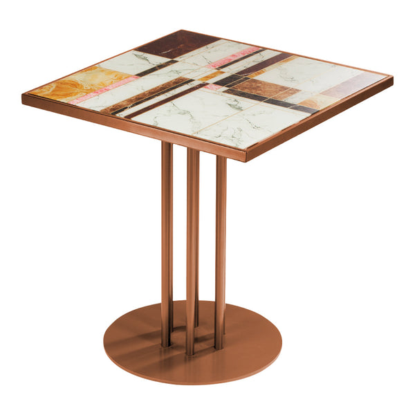Square table with a multicolored patterned top and a sleek bronze base, featuring earthy tones and abstract designs.