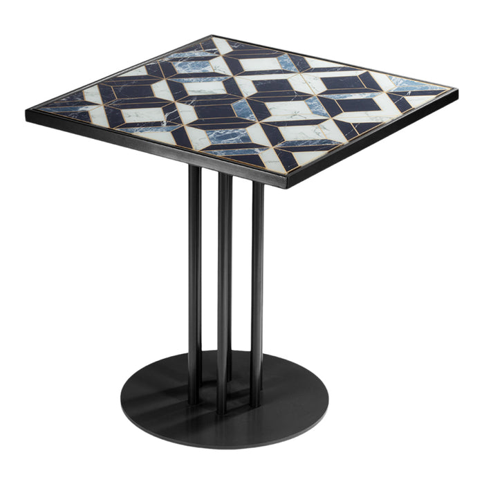 Black metal table with a geometric blue and white patterned top, featuring diamond and hexagonal designs.