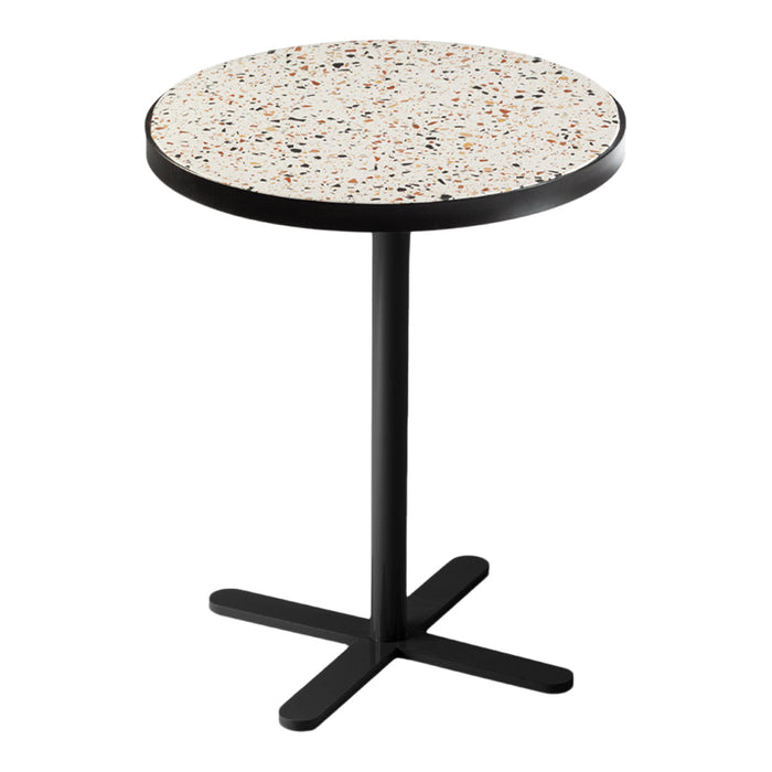 Round terrazzo top side table with a black metal base, featuring a colorful speckled pattern on a white background.