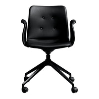 Black faux leather office chair with a sleek design and button-tufted details, featuring a five-star wheel base.