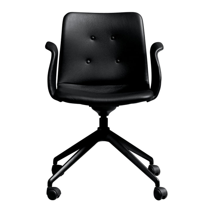 Black faux leather office chair with a sleek design and button-tufted details, featuring a five-star wheel base.