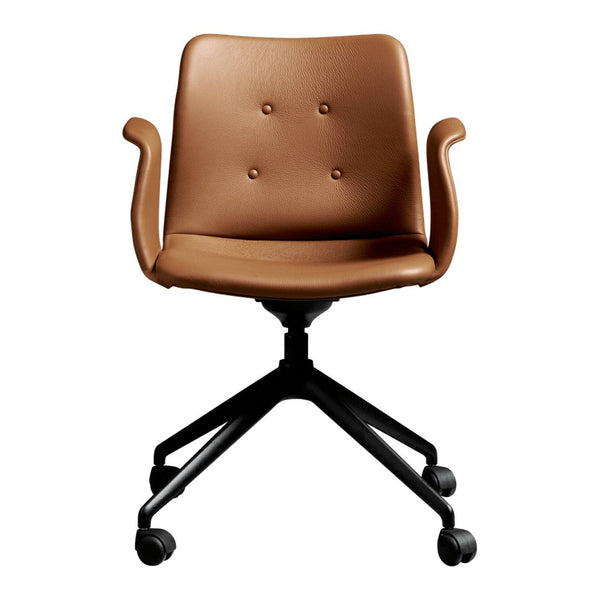 Brown faux leather office chair with button accents and a sleek black swivel base. Perfect for modern workspaces.