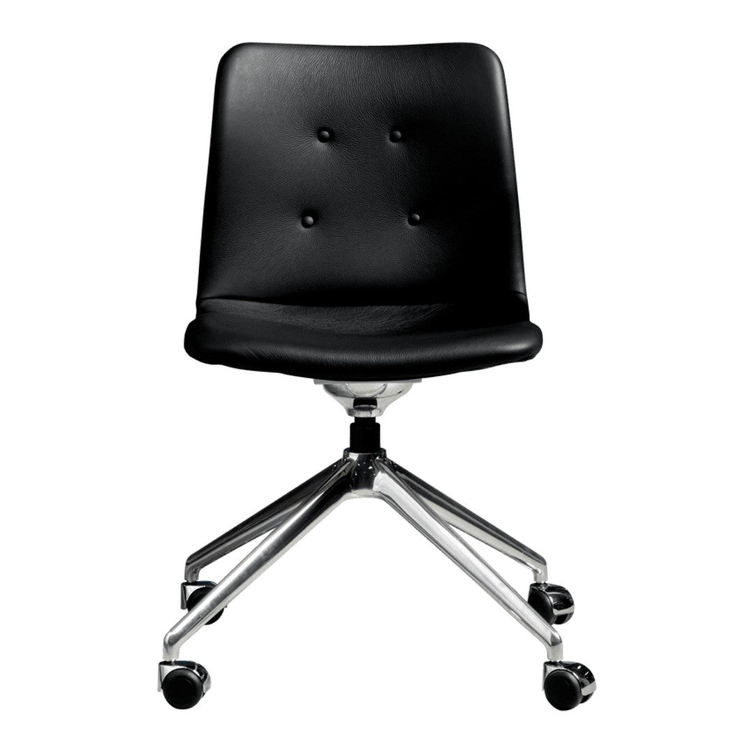 Black upholstered office chair with a smooth finish and tufted buttons, featuring a chrome base and wheels.