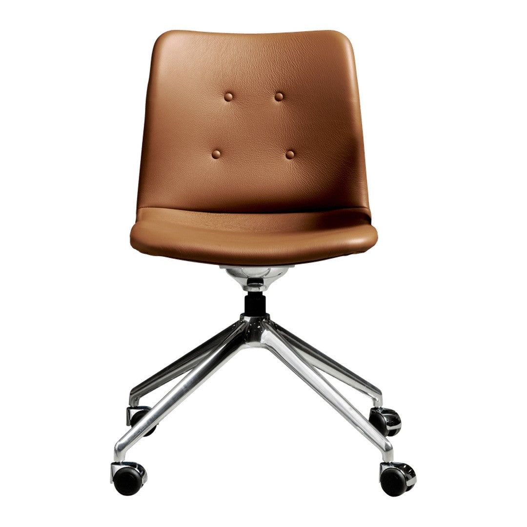 Brown leather office chair with understated button tufting and sleek chrome base on rolling casters.