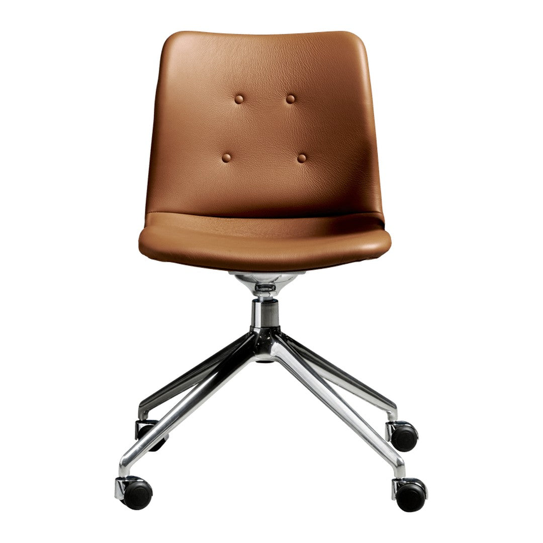 Brown leather office chair with four buttons and a chrome swivel base, featuring a minimalist design and smooth finish.