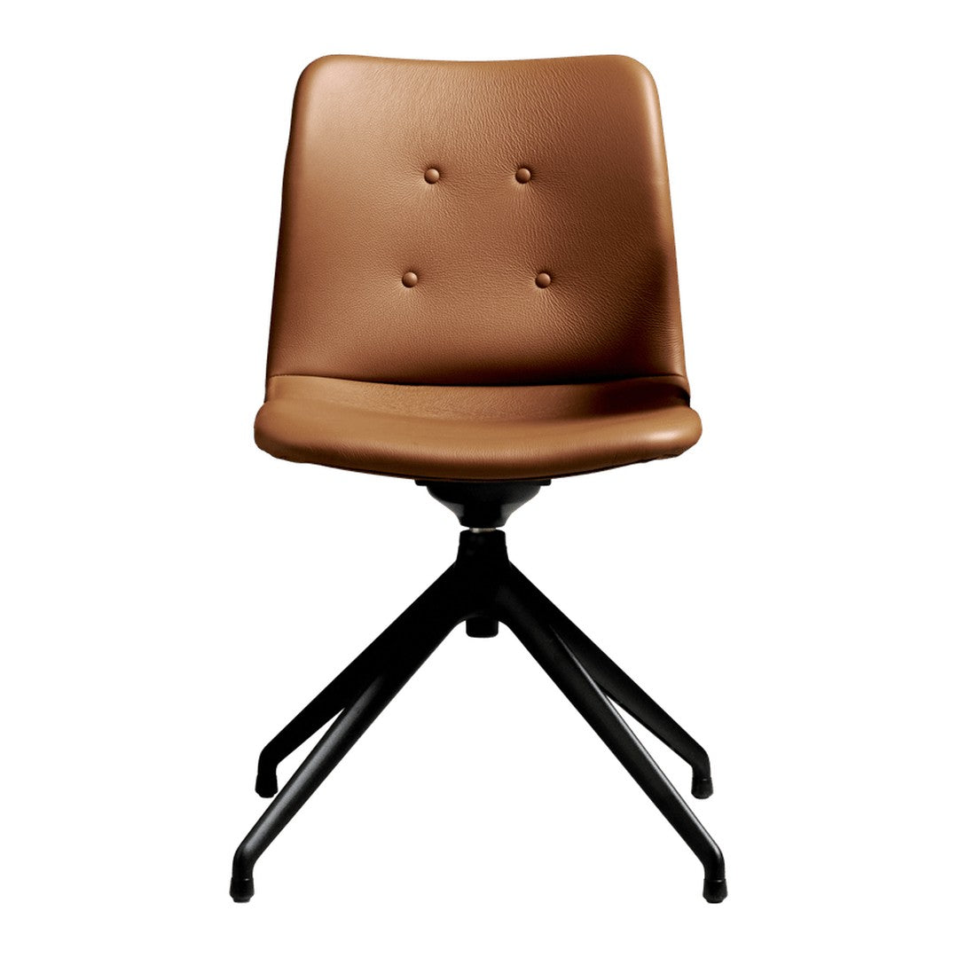 Brown upholstered chair with button details and a sleek black tripod base. Modern design for home or office use.