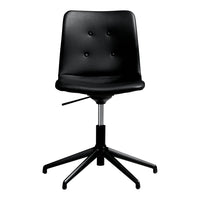 Black upholstered office chair with five-point base and button-tufted detailing. Ideal for modern workspace aesthetics.