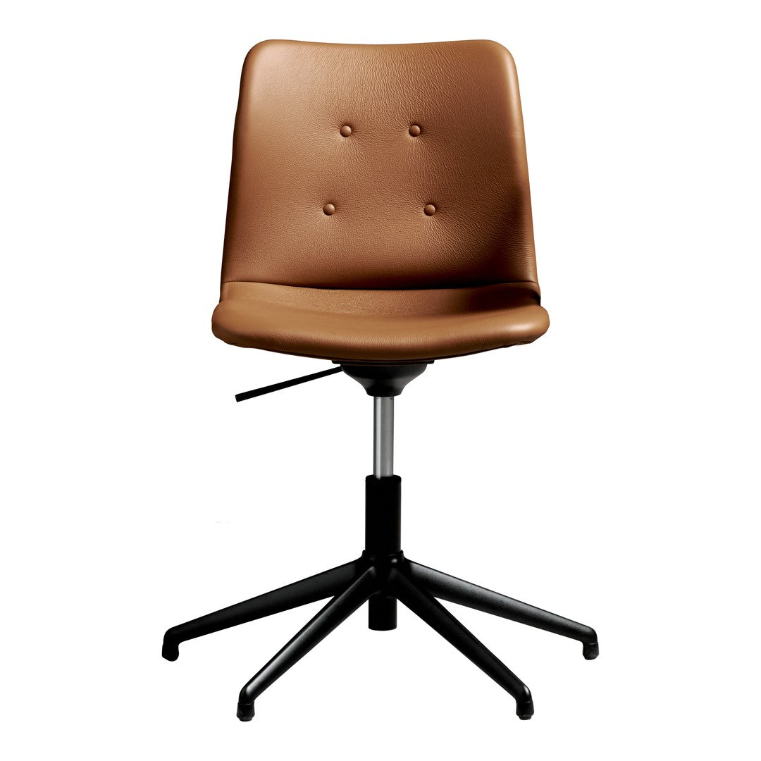 Brown padded chair with button details and a sleek black base, perfect for modern office decor.