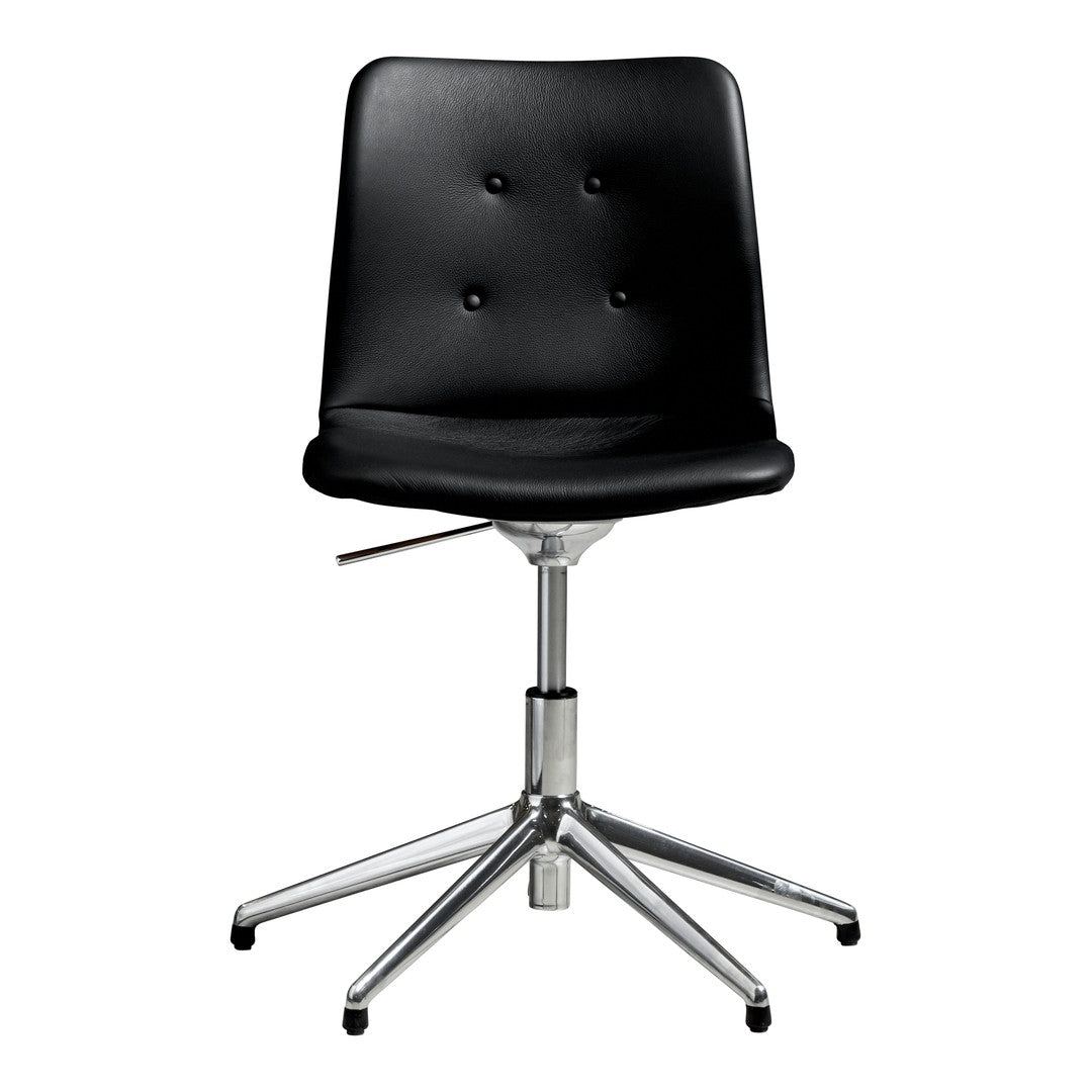 Black upholstered swivel chair with a sleek chrome base and understated button details. Modern design for any workspace.