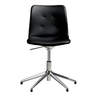 Black upholstered swivel chair with a sleek chrome base and understated button details. Modern design for any workspace.