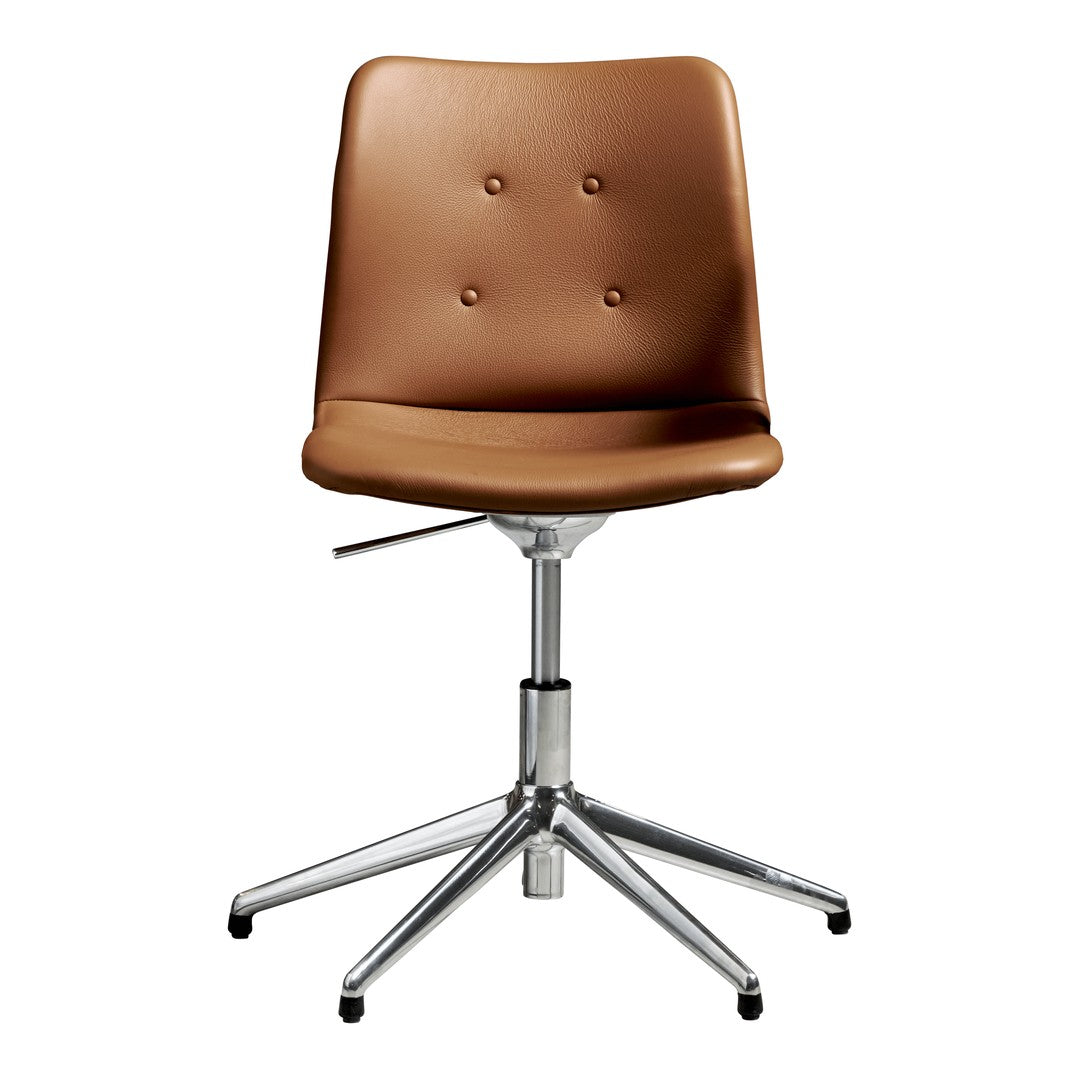 Brown leather upholstered swivel chair with a sleek chrome base and subtle button detailing.