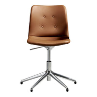 Brown leather upholstered swivel chair with a sleek chrome base and subtle button detailing.