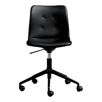 Black office chair with a smooth leather finish and three buttons on the backrest, featuring a rolling base.
