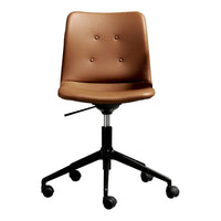 Brown upholstered office chair with button detailing and black wheeled base. Modern design with sleek lines.