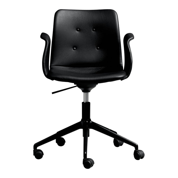 Black swivel office chair with button-tufted pattern and sleek modern design, featuring a polished black base and wheels.