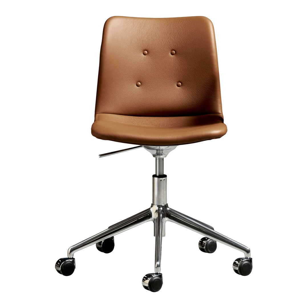 Brown faux leather office chair with a smooth finish and chrome base, featuring a minimalist design and two buttons.