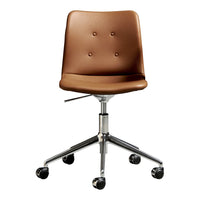 Brown faux leather office chair with a smooth finish and chrome base, featuring a minimalist design and two buttons.