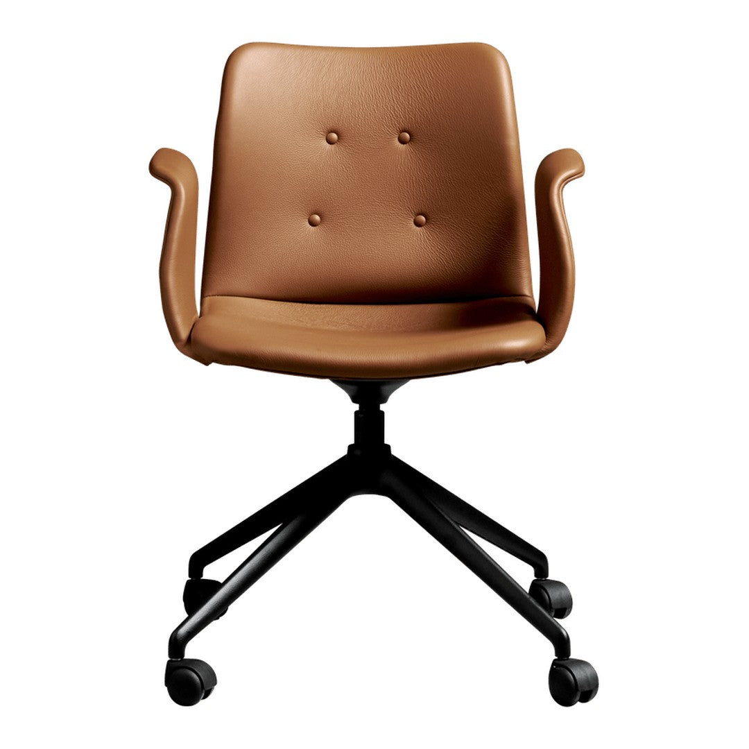 Brown faux leather office chair with a tufted design and black metal base, featuring a sleek and modern aesthetic.