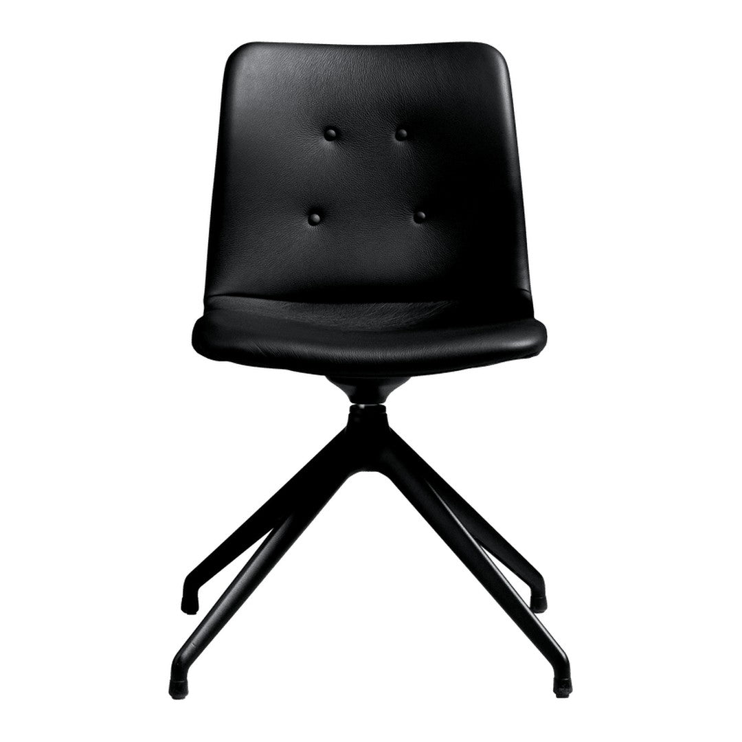 "Black leather chair with a sleek design and button tufted pattern, featuring a stylish black metal base."