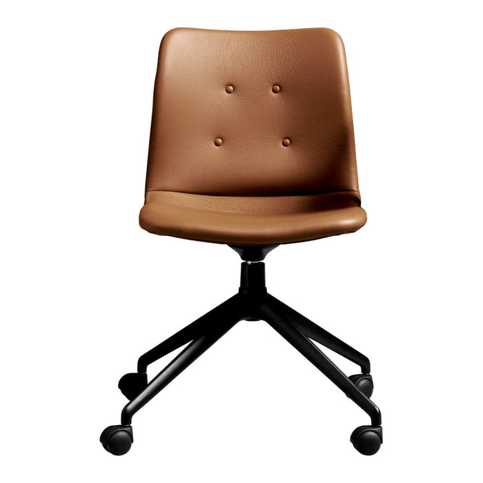 Brown upholstered chair with button detailing and a sleek black wheeled base. Modern design and versatile color.