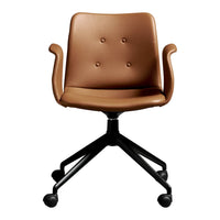 Brown upholstered office chair with a smooth finish and black metal base; featuring button detailing.