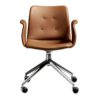 Brown faux leather office chair with a smooth, button-tufted design and chrome swivel base. Perfect for modern decor.
