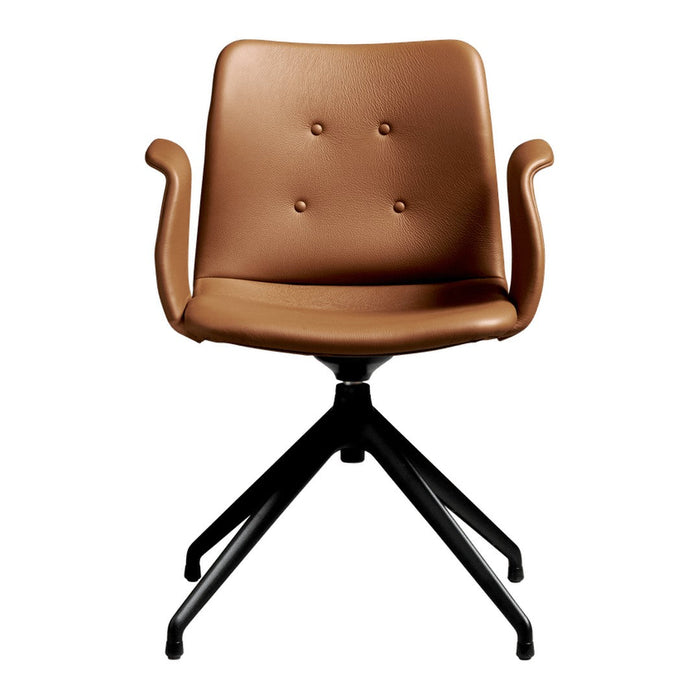 Brown faux leather chair with buttoned detailing and a black metal base, designed for modern aesthetic appeal.