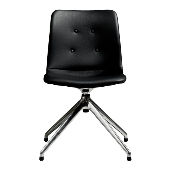 Black leather chair with six buttons and a sleek chrome base, perfect for modern decor.