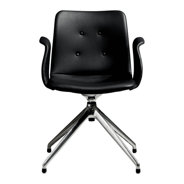 Black faux leather chair with button tufting and chrome base, featuring sleek, modern design. Perfect for any decor.