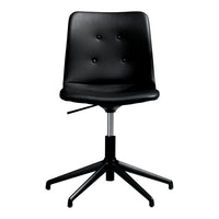 Black faux leather office chair with a smooth finish and subtle button tufting on the backrest. Modern and stylish design.